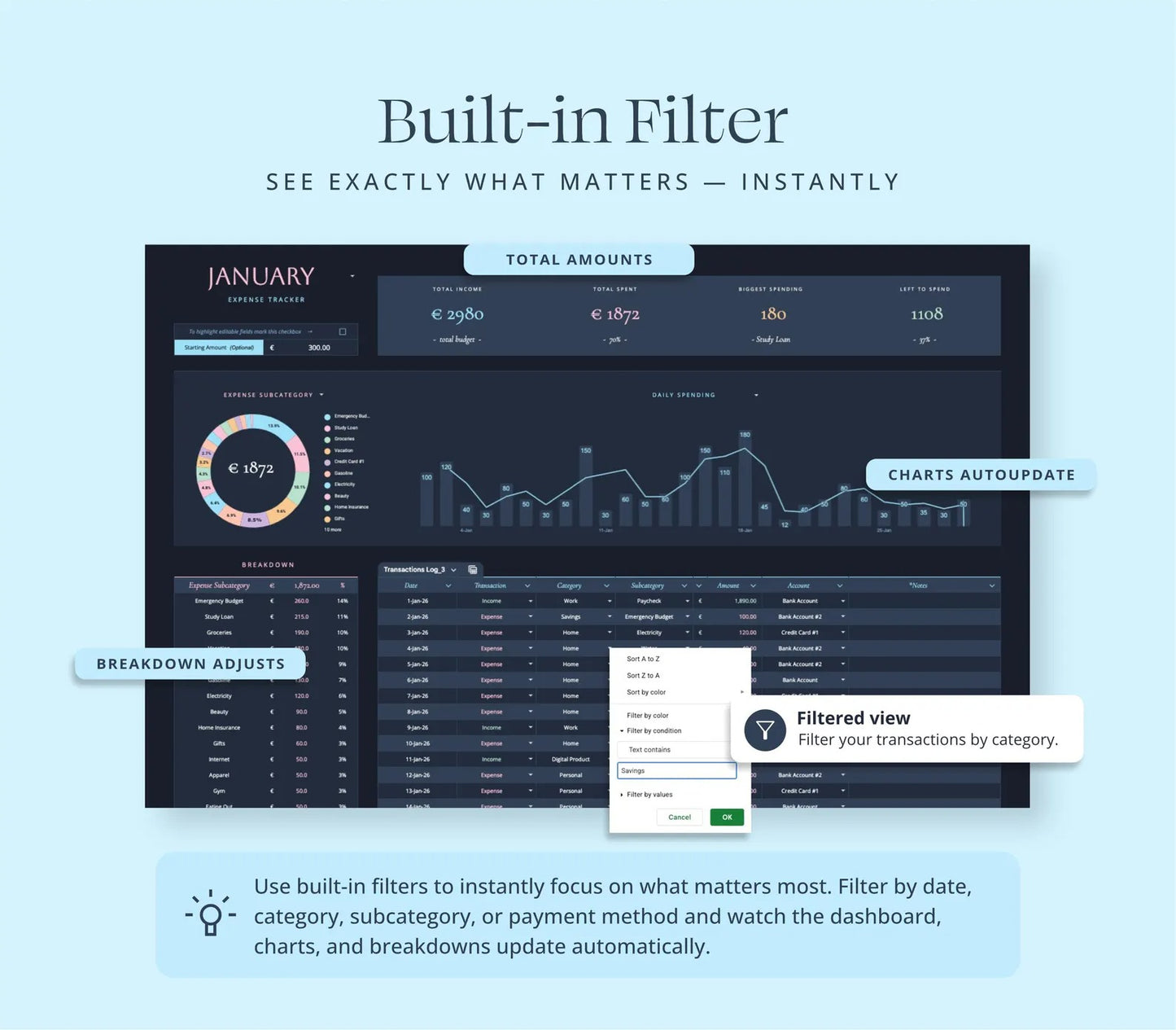 Expense Tracker Google Sheets Bill Tracker Excel Spreadsheet Personal Finance Template Dark Mode